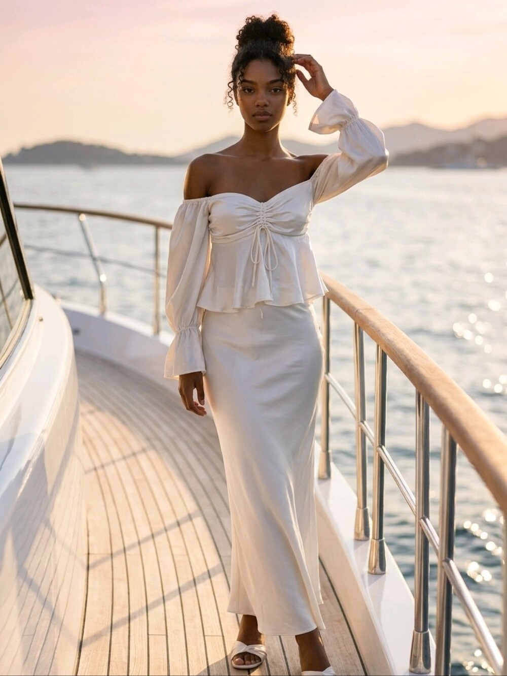SHEIN Ivory Satin Off-Shoulder Peplum Top